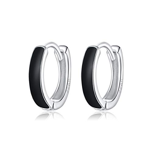 Boucles d'oreilles créoles en argent sterling 925 et émail noir pour femme, Céramique