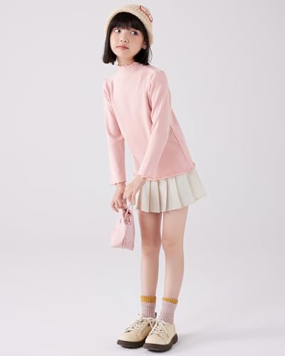 Image of ACESTAR Girls Solid Lettuce Trim Mock Neck Shirt Long Sleeve Slim Fit Ribbed Knit Tee Ruffle Tops Soft Base Layer