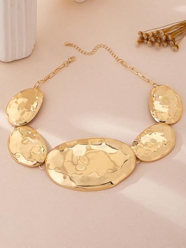 Statement Necklace Earrings Set, 2pcs Geometric Asymmetrical Hammered Texture Graduated Size Extra Long Pendant Necklace & Earrings Jewelry Gifts4