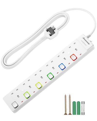 DEWENWILS 6 Way Surge Protected Extension Lead, Individual Switches and Indicator Lights, Extension Cable 3M, 13 Amp 6 Gang Power Strip, 3250W, Multicolor Switch, White