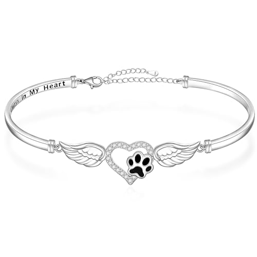 Paw Print Bracelet 925 Sterling Silver Dog Cat Paw Prints Bracelets Bangle Always in My Heart Bracelets for Women Angel Wings Memorial Dog Mom Lover Gifts