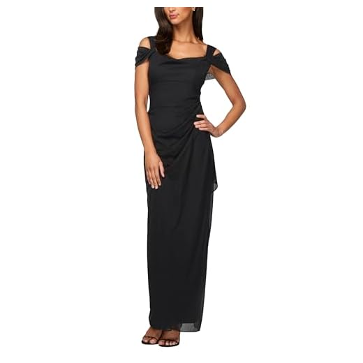 Alex Evenings Women's Long Cold Shoulder Dress (Petite and Regular Sizes), Black, 4P