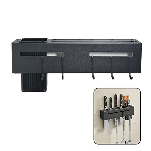 Soporte para utensilios de cocina de pared con 4 ganchos, 30 cm, barra de herramientas para colgar cucharones, estante organizador, acabado mate, negro Cover