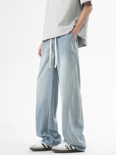 Summer Men's Lightweight Jeans Korean Cotton Drawstring Wide-Leg Baggy Denim Pants Straight Trousers2