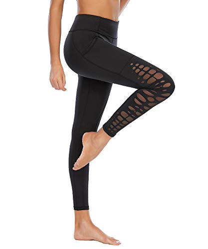 Cstown Mesh High Waist Yoga Leggings With Pockets Non See-Through Tummy Control 4 Way Stretch Black S #TOP2