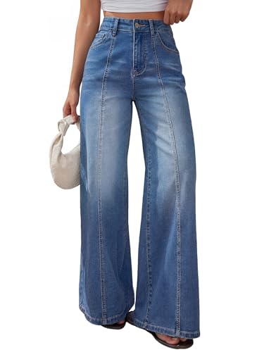 Trendy Queen Women's Wide Leg Baggy Jeans - High Waisted Relaxed Fit Pants, Super Soft Stretch Denim with Front Seam Blue 6