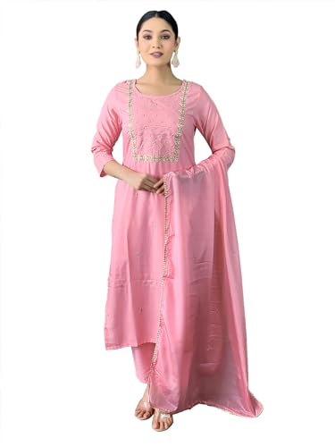 Image of Naixa Women's Viscose Embroidered Straight Kurta with Viscose Pant and Silk Blend Printed Dupatta Sets (NK-430)