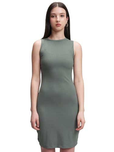 Image of Tokyo Talkies Women's Elegant Vertical Stripes Self-Design | Round Neck Sheath Dress | Ribbed Short Sleeves & Bodycon Fit for a Chic Look