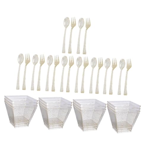 BRIGHTFUFU 使い捨てゴールドラメデザートカップ 軽量プラスチック製スクエア小型スプーン フォーク付き パーティー用品 業務用テーブルウェ