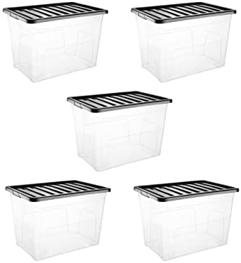 VTL 5 x 80L 80 Litre X Large Plastic Storage Clear Box Strong Stackable Container Black Lid (Pack of 5) MADE IN UK