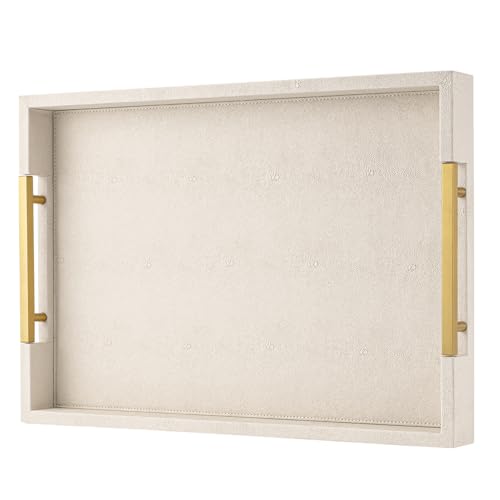 Beige Faux Leather Serving Tray with Handles – Large Decorative Tray for Coffee Table, Ottoman, Living Room, Bathroom – Home Decor