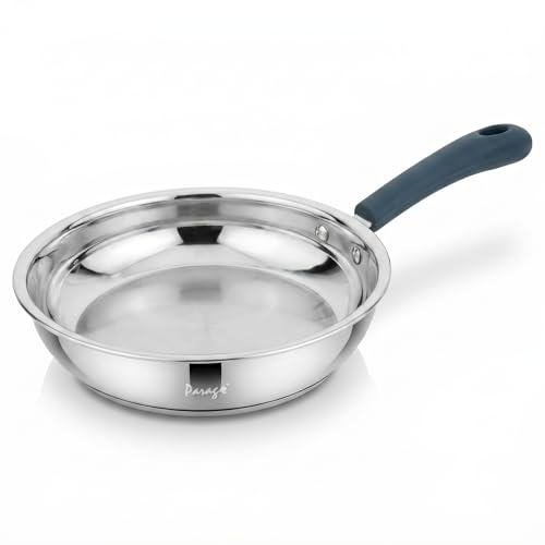 Image of Parage Stainless Steel Frying Pan 24 cm Deep Fry Pan, 1500ml Capacity, Induction & Gas Stove Compatible Cookware, Triply Bottom with Silicon Handle, for Kitchen Daily Use, 2 Years Warranty