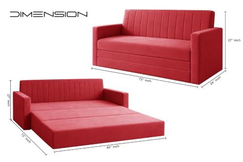 Image of Los Angeles Modern Velvet 3-Seater Sofa Cum Bed with Armrest, Multipurpose Convertible Sleeper Couch Sofa for Living Room, Bedroom & Office- Red Color