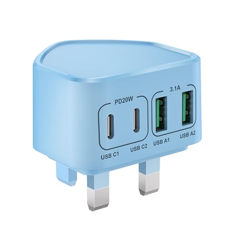 USB C Plug, Fast Charger Plug Mutil USB Plug UK 40W 4-Port Dual USB C Power Adapter+ QC Wall Charger Head, Type C Charging Plug for iPhone 16 15 14 13 12 11 Pro Max Plus, Samsung, iPad