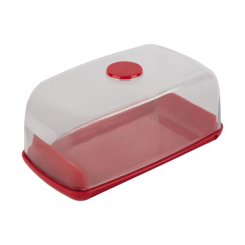 Image of Nayasa Smart Transparent Butter Dish with Lid & Butter Knife | BPA-Free Food Grade Plastic Butter Storage Container | Easy to Clean Butter Keeper for Butter, Cheese & Table Serving | Red