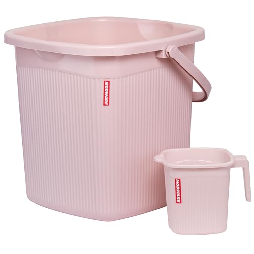 Image of Modware Square Ribbon Plastic Bucket Set with Mug | 18L Brown Bathroom Bucket with Handle + 1L Mug | Heavy-Duty Polypropylene + Co-Polymer | Stylish & Durable Bath Set (Pink)