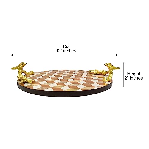 Image of Wooden Circular Round Tray Patch Work Solid Wood with Metal Gold Handle Tray For Kitchen | Heavens Craft | Serving Trays | Wooden Tray | Kitchen & Dining Decorative Tray(Round Orange)