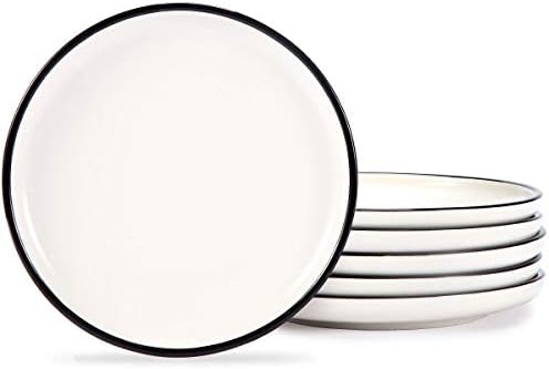 Aquiver 6'' Ceramic Dessert Plates - Porcelain Classic White Appetizer Plates with Black Edge - Tea Party Small Serving Plates for Cake, Pie, Snacks, Ice Cream, Side Dish, Waffles - Set of 6