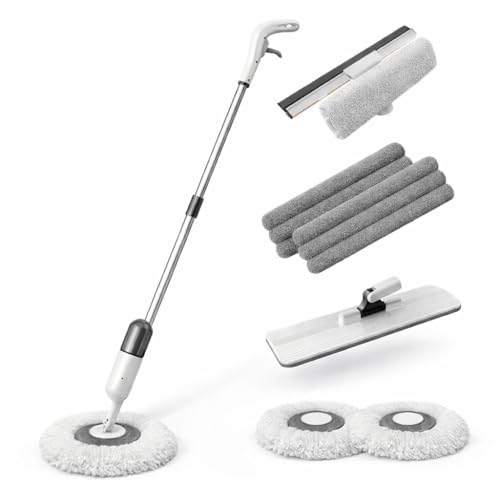 Image of 360 Rotating Spray Mop Kit, 3 Interchangeable Head Includes Rectangle and Round Mop Head for Floor Cleaning and Window Cleaning Head with 4Pcs Washable Microfiber Mop Pad for Wet and Dry Use
