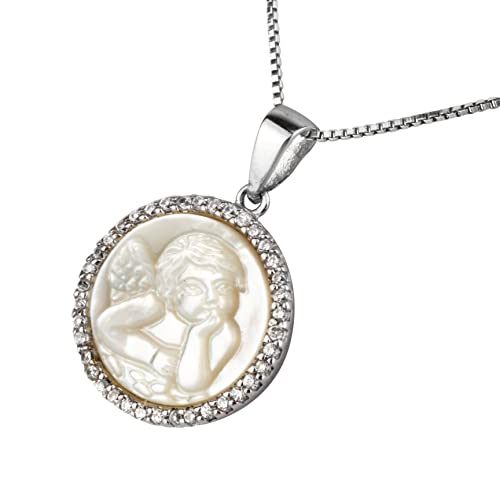 925 Solid Sterling Silver Mother of Pearl Child Angel Cameo Pendant Round 19mm