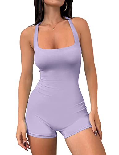 Zesica Women's Casual Square Neck Sleeveless Tank Top Unitard Bodysuit Workout Gym Yoga Short Romper Jumpsuit,Purple,Small #TOP6