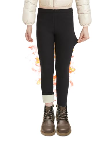 Girls Fleece Lined Leggings Black Winter Thermal Warm Clothes Running Thick Pants Cold Weather for Kids 5-13 Years