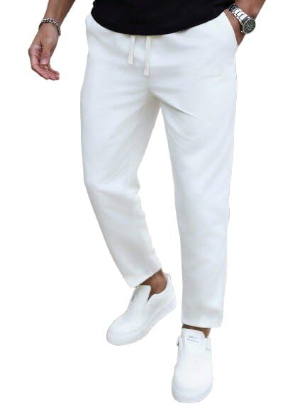 dhanabapa Men’s Loose Fit Wide Leg Trousers High Waist Track Pants Casual Lounge Wear with Elastic Waist Drawstring Soft Fabric Comfortable Stylish Bottoms (in, Alpha, L, White)-picture-21