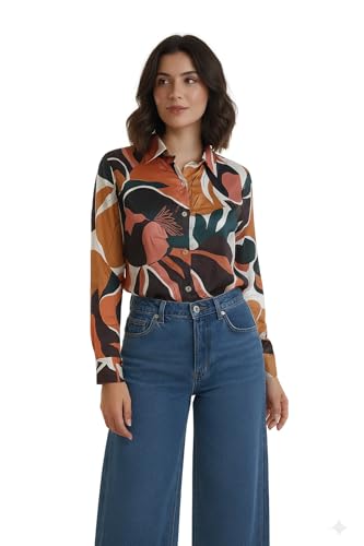 Image of Amazon Brand - INKAST Women Abstract Floral Printed Spread Collar Long Sleeves Casual Cami Shirt