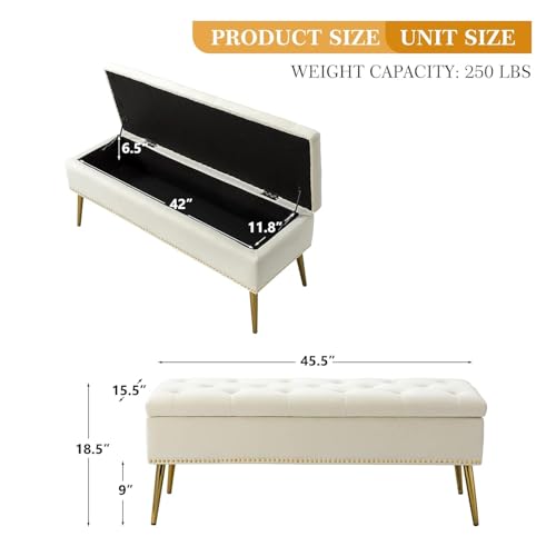 Image of Modern Off White Velvet 2 Seater Storage Bench Ottoman for Bedroom & Living Room | Upholstered Tufted End of Bed Bench with Hidden Storage | Gold Metal Legs