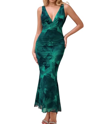 GLNEGE Women's Summer Floral Bodycon Maxi Dress Sexy Backless V Neck Wedding Guest Dresses 2025