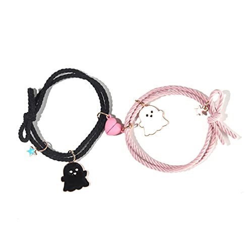 Image of 2Pcs Love Heart Couple Matching Bracelet Set Adjustable Braide Rope Halloween Mummy Ghost Pumpkin Hat Wizard Bracelet for Women Men Lover Friend Friendship Jewelry