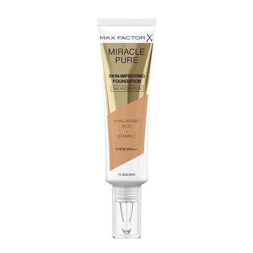 Max Factor, Miracle Pure Fondotinta Liquido Idratante, con il 91% di Ingredienti di Origine Naturale, Vitamina C, Acido Ialuronico e SPF 30, 75 Golden