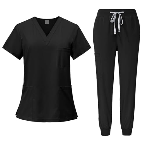 Harilla Medizinische Uniform Damen, Frauen Medizinische Arbeitskleidung Set Waschbar, Krankenschwester Kurzarm Oberteil mit Hose für Beauty Salon Klinik Krankenhaus Krankenpflege, Schwarz, S Harilla Medizinische Uniform Damen, Frauen Medizinische Arbeitskleidung Set Waschbar, Krankenschwester Kurzarm Oberteil mit Hose für Beauty Salon Klinik Krankenhaus Krankenpflege, Schwarz, S