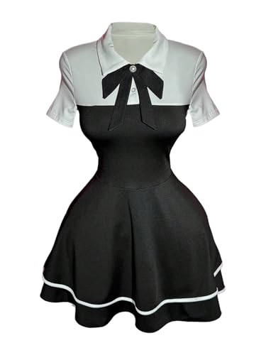 winkbay Womens Layered Ruffle Color Block Dress Cute Bow Tie Collared Short Sleeve A Line Mini Going Out Dresses Black and White Medium