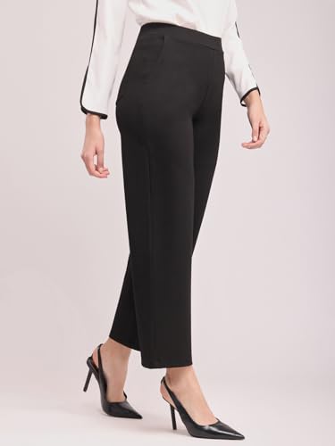 Image of FableStreet Women's Black 4 Way Stretch Livin Trousers | Wide-Leg Design with High-Rise Waist | Solid Pattern & Plain Weave Fabric | Office Wear & Business Meetings