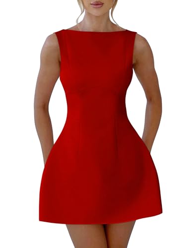 Image of YMDUCH Women's Sexy Sleeveless Crew Neck Backless A-line Party Short Mini Dress