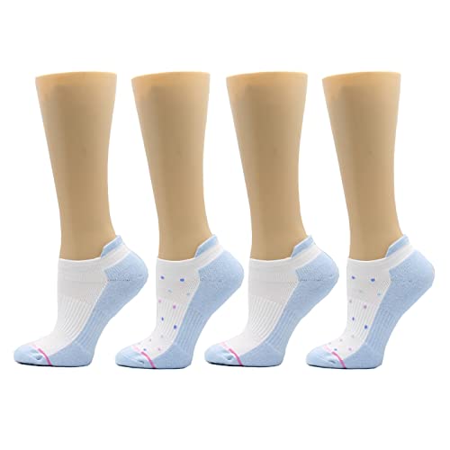 Dr. Motion 4 Pairs Womens Low Cut Cushioned Breathable Compression Ankle Socks with Arch Support (White Blue Dots)