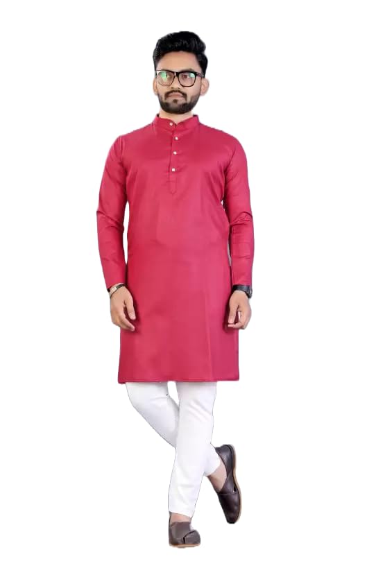 Image of weltpocket Men's Cotton Blend Solid Straight Kurta Pyjama