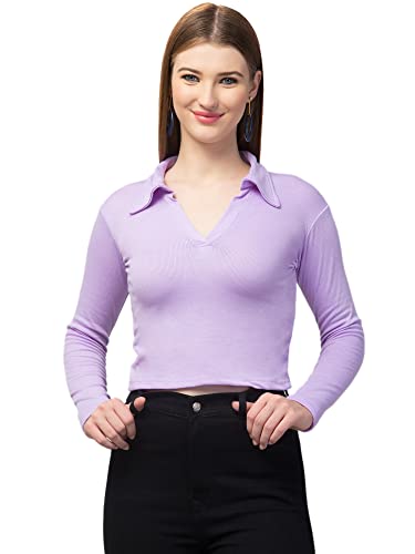 Image of Ribbed Polo Collar Full Sleeves Tops for Women