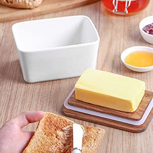 Dowan Porcelain Butter Dish With Knife - Covered Butter Container With Wooden Covers For Countertop, Farmhouse Butter Dish With Lid Perfect For East West Coast Butter, White #TOP6
