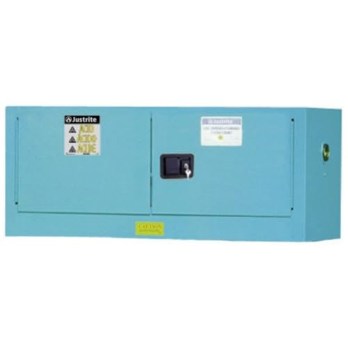 Image of Justrite Acid Corrosive Storage Cabinet - 12 Gallon 2 Door Self Close Chemical Storage Cabinet with Removable Polyethelene Trays - 18 inch x 18 inch x 43 inch - Made in The USA - Light Blue - 891322