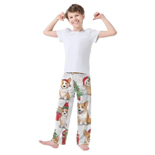 Xmas Corgi Dog Trees Boys Long Pants Soft Trousers Elastic Waist Kids Lounge Bottoms with Pockets S-XL3