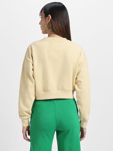 Image of JUNEBERRY Cotton Poly Fleece Regular Fit Beige & Black Graphic Print Full Sleeve Sweatshirt for Women
