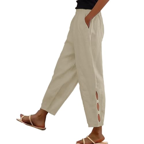 Women Casual Lightweight Elastic Waist Linen Capri Pants Hollow-Out Bottom with Pocket