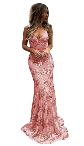 BOLENSYE Sequin Prom Dresses Long Mermaid Evening Party Gown Spaghetti Straps V Neck Formal Dress