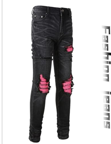 Jeans Pants Trouser Denim Worn Holes Perforated Street Trendy Elastic Black Pleated Personalized Slim Fit Casual Small Leg for Men(Black,31)3