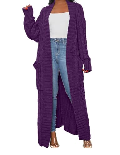 HRESSLBD Relaxed Women Cable Knit Cardigan Sweater Coats, Women's Long Cardigan Sweaters Oversized Chunky, Fall Cardigan, Floor Length Cardigan, Maternity Cardigan (Purple, L)