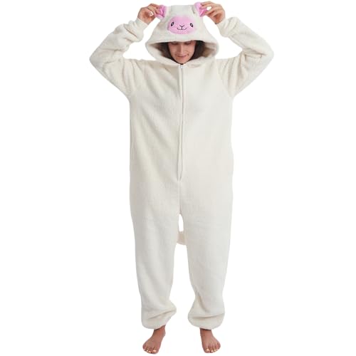 UiopSo Unisex Adult Sheep Onesie Pajamas Flannel Hooded Sleepwear Halloween Costumes Animal Cosplay Homewear (X-Large Sheep)