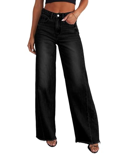 Trendy Women's Baggy Wide Leg Jeans High Rise Stretchy Denim Pants with Raw Hem & Comfort Fit