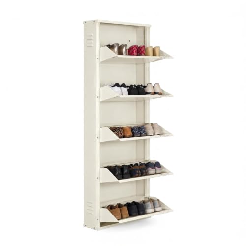 Image of DELITE KOM AIRO 24 inch 5 Shelf Metal Shoe Rack Wall Mounted for Home with Lock | Air-Vent Designer Panels Keep Shoes Odour-Free | Holds 15 Shoes or 25 Slipper Pairs | 1Yr Warranty | 67x24x5 Ivory | DIY